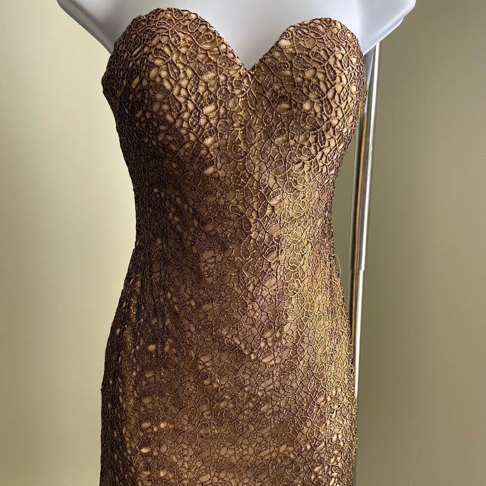 BEBE Gold Embroidery Strapless Party Holiday Dress XX